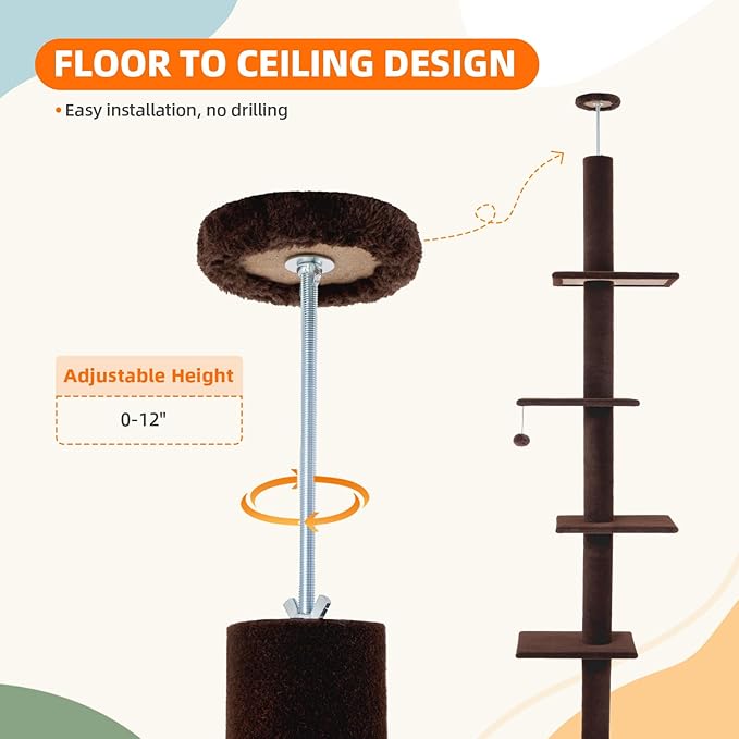 Cat Tree Floor to Ceiling Cat Tower 5-Tier Carpet Kitten Tree Cat Climbing Tower with Adjustable Height 98"-108", Tall Cat Trees with Platforms and Dangling Balls for Indoor Cats, Coffee
