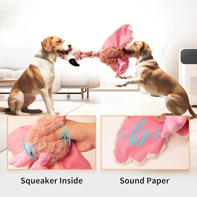 Squeaky Dog Toys for Large and Medium Breeds and Pupplies, Stuffed Doggy Chew Toys with Crinkle Paper and Durable Ropes, Soft Tug Plush Dog Toys for Teething (Grey Bird)