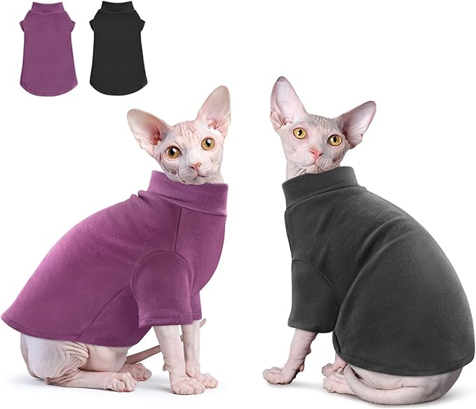 Idepet Sphynx Cats Sweater 2 Pack,Turtleneck Hairless Cat Shirt Soft and Warm Kitten Clothes with Sleeves Pullover Pet Winter Pajamas Jumpsuit for Cat Puppy (Black&Purple, Medium)