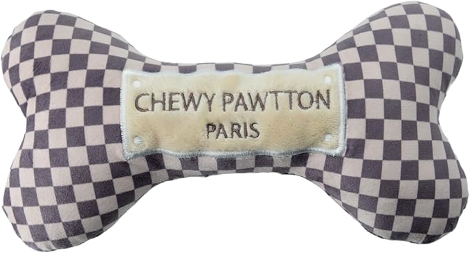 Dog Toy Plush Designer Dog Luxury Toys with Interactive Squeaker Stimulating Pet Enrichment Bone Puppy Checkered Doggie Birthday Gift Boy Girl Soft Chew (Chewypawtton, Large)