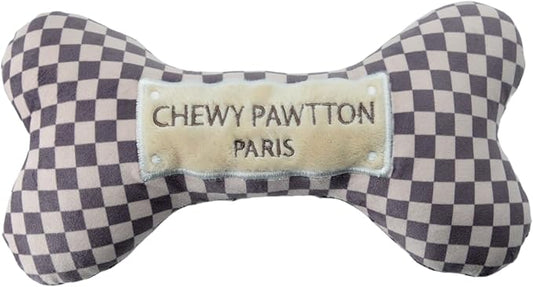 Dog Toy Plush Designer Dog Luxury Toys with Interactive Squeaker Stimulating Pet Enrichment Bone Puppy Checkered Doggie Birthday Gift Boy Girl Soft Chew (Chewypawtton, Large)