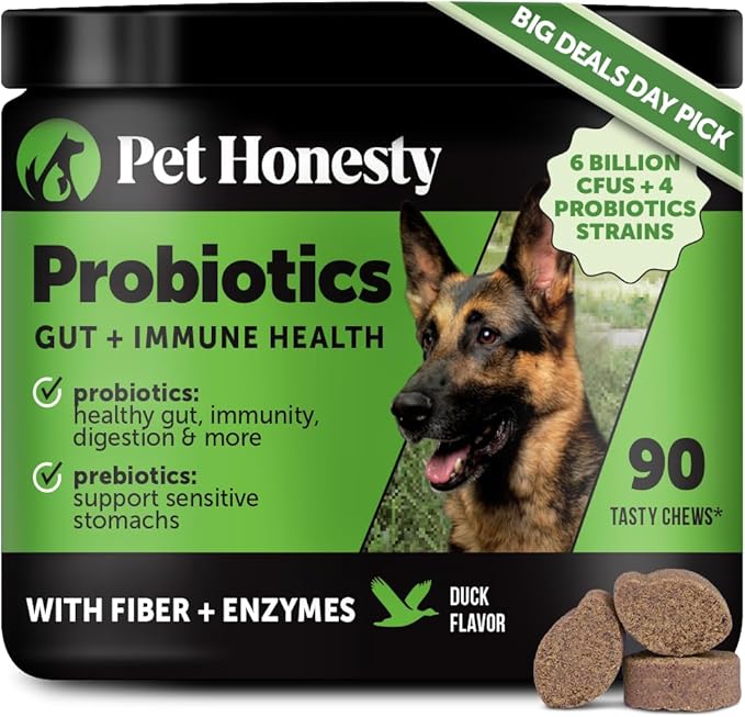 Probiotics for Dogs for Occasional Diarrhea & Bowel Support, Digestive Enzymes with Prebiotics for Gut Health for Dogs, Immunity Health & Itch Relief (Duck 90 ct)