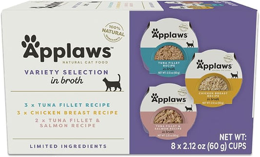 Applaws Natural Wet Cat Food in Broth, Limited and Natural Ingredients, High Protein with No Artificial Additives, Variety Pack in Broth (8 x 2.12 oz Easy-Open Cups)