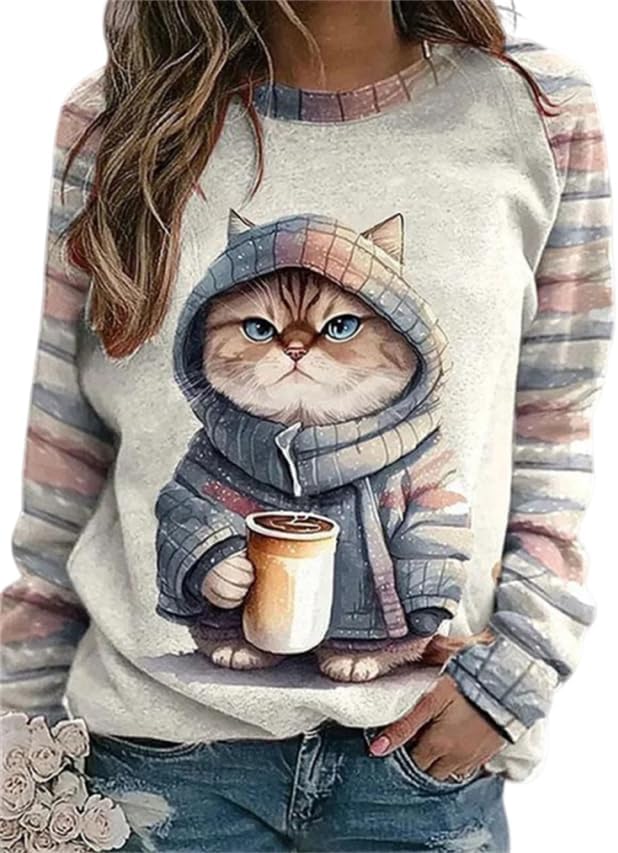 IVERIRMIN Women's 3D Cute Cat Print Sweatshirt Casual Long Sleeve Crewneck Cute Cat Pullover Loose Fit Shirts