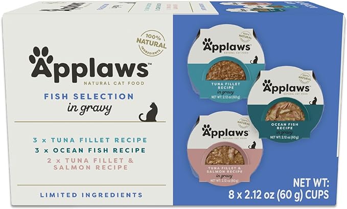 Applaws Natural Wet Cat Food in Gravy, Limited and Natural Ingredients, High Protein with No Artificial Additives, Fish Selection in Gravy (8X 2.12 oz Easy-Open Cups)