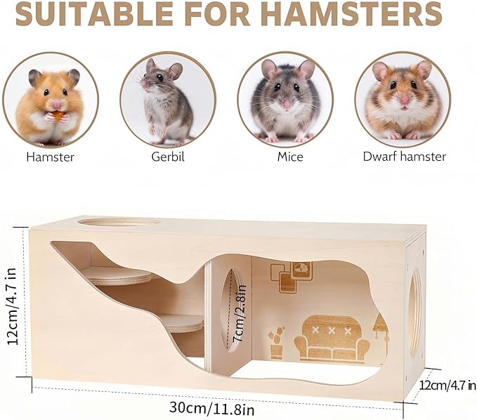 Marchul Hamster Hideout Wooden House Chamber Small Animals Pets Tunnel Exploring Toys for Dwarf Hamsters, Syrian Hamsters, Gerbils, Hedgehogs, Rats, Mice (Living Room)