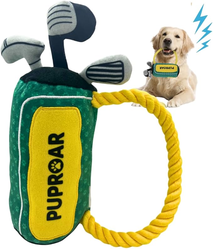 Golf Dog Toy – Birthday Dog Toy, Funny Plush Squeaky Puppy Gift with Rope & Crinkle, Golf Bag Gift