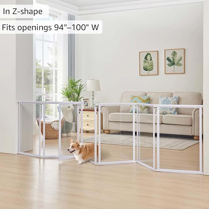 unipaws Clear Acrylic Transparent Dog Playpen, 125” Extra Wide 6 Panels Freestanding Walk Through Dog Gate, Foldable Pet Pen Whelping Cage for Puppy Cats