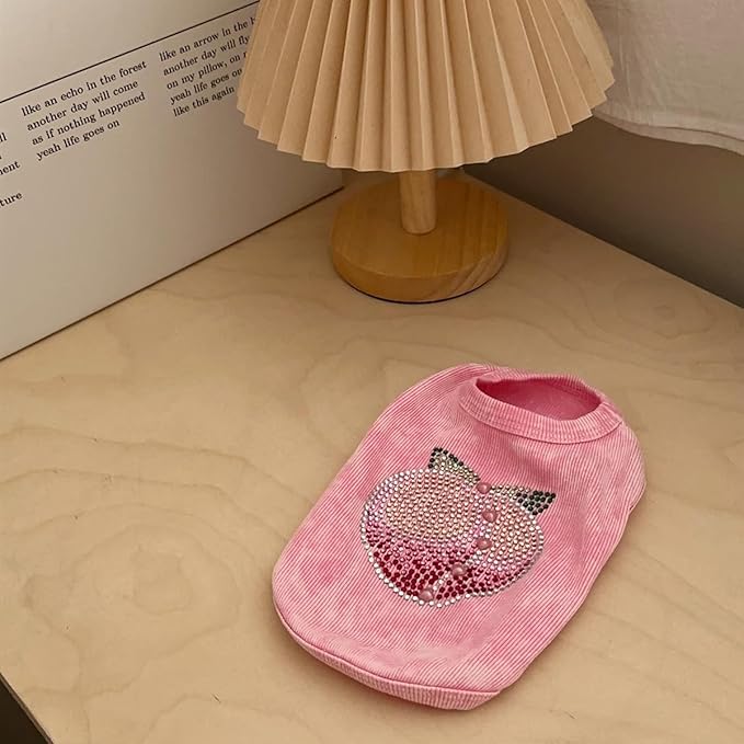 Washed Cotton Pet Vest with Rhinestone Fruit Designs, Soft & Stylish Small Dog Cat Vest for Spring Summer, Breathable & Shiny (Pink-Peach, X-Small)