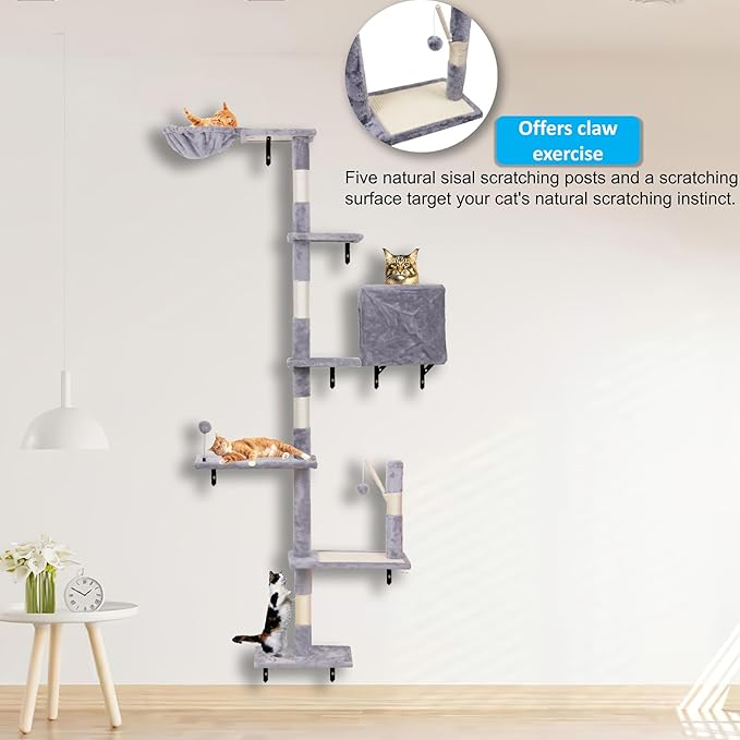 Wall Mounted Cat Climber Set, Modern Cat Furniture with ScratchingPost,Platforms，Dangling Balls,Condo，Suit for Cats Climb, Jump, Nap, Scratch-Gray