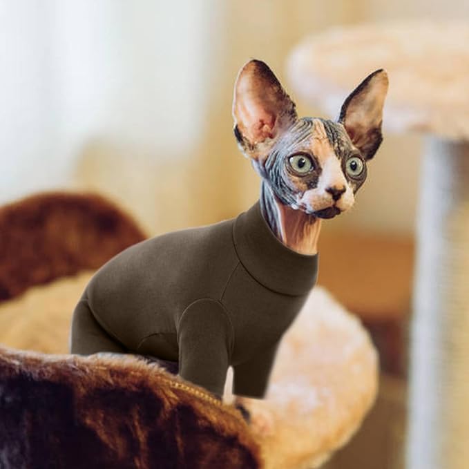 ROZKITCH Hairless Cat Clothes, Breathable Soft Cat Jumpers for Cats Only, Cat Coat with Four Legs, Warm Cat Sweater Cat T-Shirt Cat Pajamas Jumpsuit Vest Cornish Rex Devon Rex Peterbald Coffee S