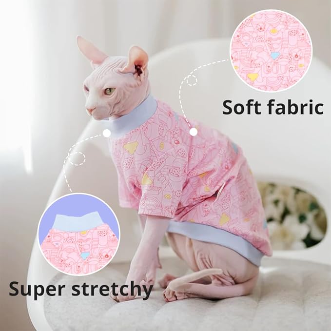 Sphynx Cat Clothes, Hairless Cat Shirt, Soft Stretchy Sweater for Cats, Breathable Cat Daily Outfit, Cat Pullover for Cornish Rex, Devon Rex (Pink Cartoon, XXL (8.5-12lbs))