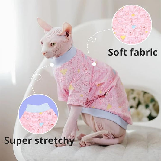 Sphynx Cat Clothes, Hairless Cat Shirt, Soft Stretchy Sweater for Cats, Breathable Cat Daily Outfit, Cat Pullover for Cornish Rex, Devon Rex (Pink Cartoon, L (5-6.5lbs))