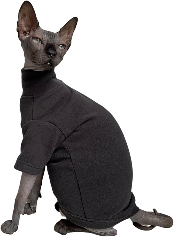 Sphynx Cats Solid Warm Fleece Shirt Cat Turtleneck Undershirt Thermal Hairless Cat Clothes for Sphynx, Devon, Cornish Cat Clothes and Small Kitten and Dogs (Deep Grey, Large)