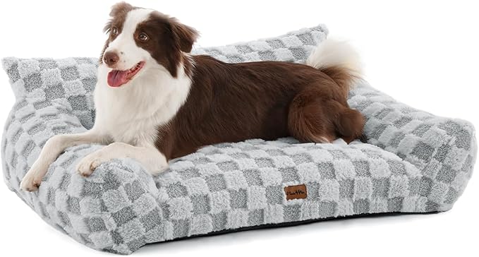 MADE 4 PETS Dog Couch Bed, Soft Faux Fur Checkered Indoor Pet Sofa, Comfortable Fluffy Dog Sofa with Supportive Foam, Removable Washable Cover with Non-Slip Base, Gray, Large