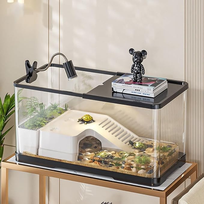 Turtle Tank, Turtle Aquarium with Basking Platform and Bottom Drainage, for Turtles, Crayfish, Crabs, Amphibians, Reptiles