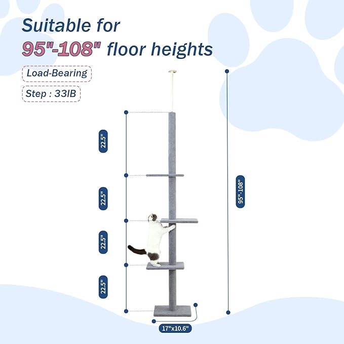 Max & Marlow Cat Tree Floor to Ceiling Cat Tower Height 95-108" Adjustable Kitten Tree Tall Climbing Tree with Carpet Scratching Post and Mat Cat Pole for Indoor Cats,Light Grey