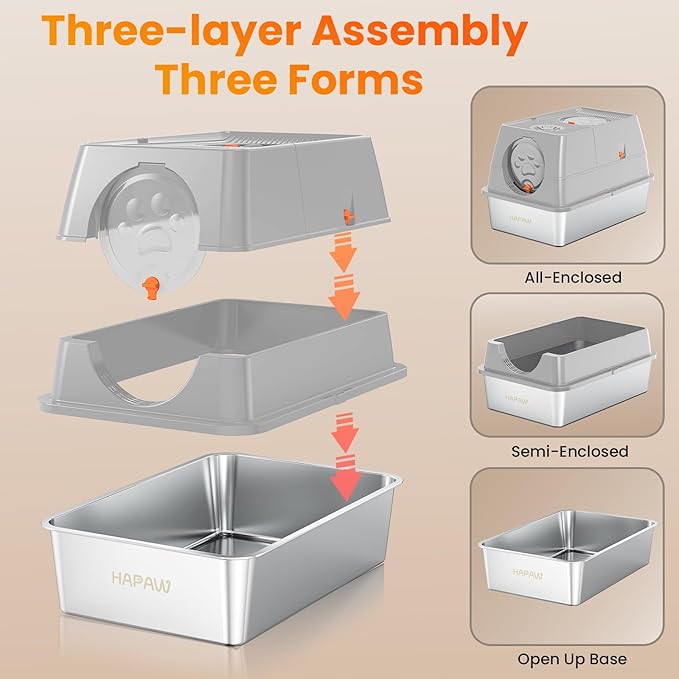 Stainless Steel Litter Box with Lid, 135° Flip-Top Extra Large Cat Litter Pan, Enclosed Metal Litter Box with Litter Scoop & Filter Pedal,Odor Free, Front & Top Dual Entry