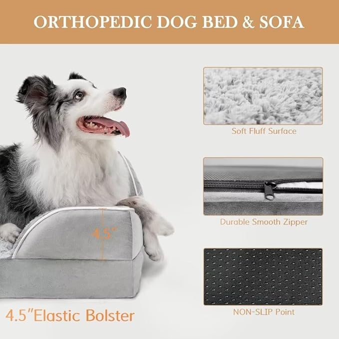 Comfort Expression Large Dog Beds Orthopedic Foam, Waterproof Dog Beds for Dogs Sofa Comfy Pet Bed with Washable Removable Cover & Non-Slip Bottom(Large,Grey White)