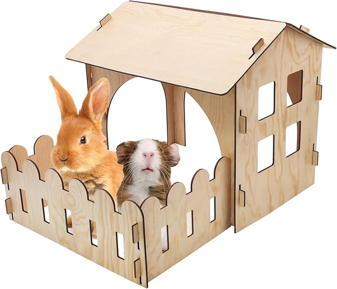 Fhiny Wooden Rabbit Castle Hideout with Fence, Small Animal Rest and Play House Hideaway with Window Detachable Rabbit Bed Hut Bunny Castle for Indoor Chinchilla Guinea Pig Hedgehog