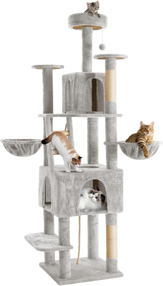 75.5" Cat Tree Tower for Indoor Cats Large Adult,Tall Modern Cat Tree for Big Cats, Plush Multi-Level Cat House Condos with Scratching Posts, Hammocks, Ladder (Light Grey)