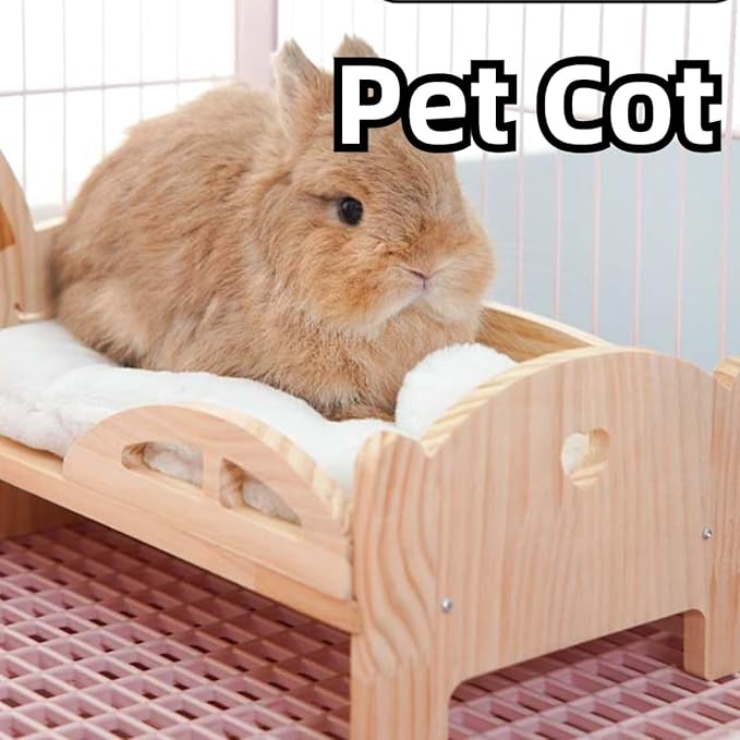 Large Wooden Rabbit Bed - Easy Assemble 13.3"x 8.6" Pet Bed with Support Structure & Removable Cushion for Rabbits, Guinea Pigs, Kittens & Small Animals - Cozy Sleeping Habitat