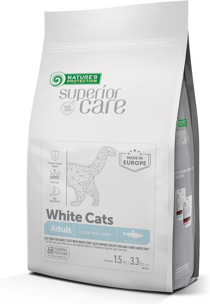 Nature's Protection Dry Cat Food - Grain Free, High Protein Cat Food Dry Kibble for Indoor Adult Cats with Light Fur - Sensitive Stomach, No Tear Stains & Hairball (Superior Care - Herring, 3.3 lb)