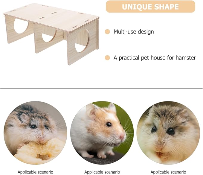Hamster Solid Wood Hide House Two Room Pet Hideout Safe Non Nail Design Polished Natural Wood Hamster Cage Decor Yellow 8.26X4.33X3.14 Inch