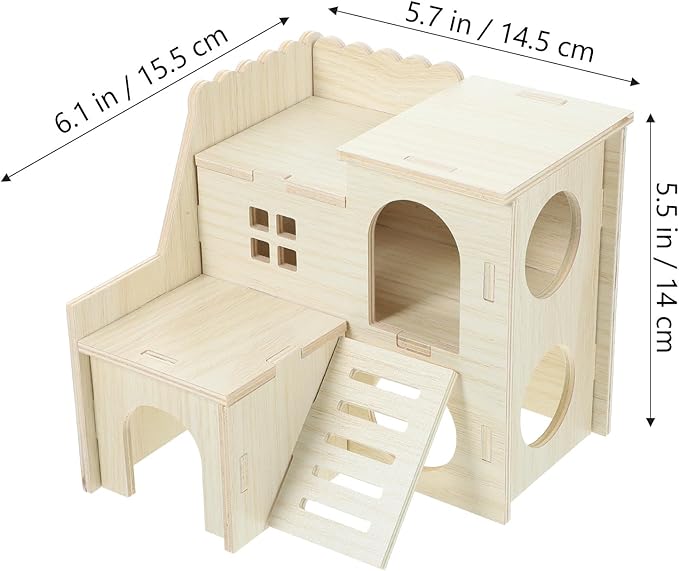 LOGOFUN Wooden Hamster Hideout Castle Multi-Chamber Hide Hut with Climbing Ladder for Chinchillas Guinea Pigs Small Pet Cage Accessories - 6 * 5 * 5in