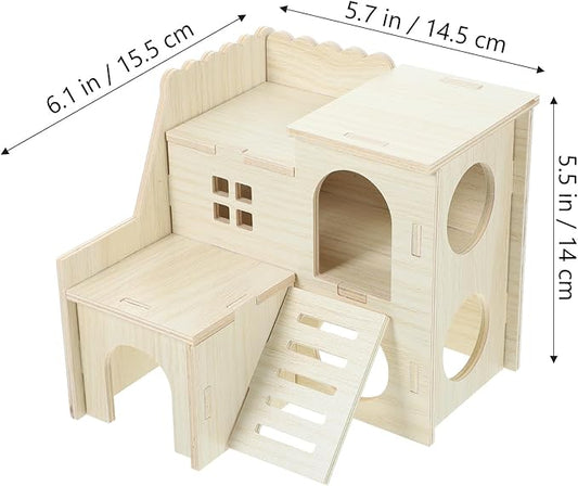 LOGOFUN Wooden Hamster Hideout Castle Multi-Chamber Hide Hut with Climbing Ladder for Chinchillas Guinea Pigs Small Pet Cage Accessories - 6 * 5 * 5in