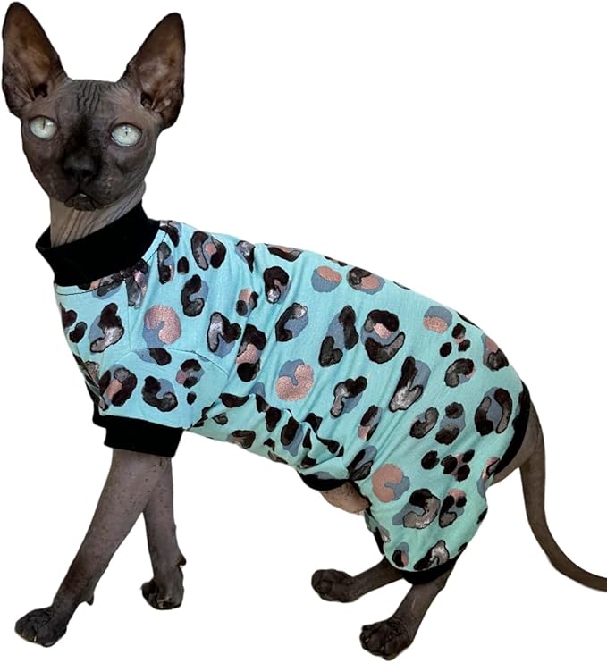 Sphynx Cat Four Leg Cotton Pajamas Elastic Pet Clothes for Hairless Cats Surgery Recovery Suit Undershirt Thermal Clothes for Sphynx, Devon, Cornish (Mint Leopard, L)