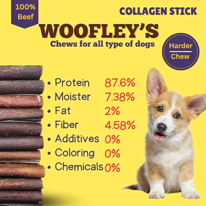 Woofley's 12 Inch Beef Collagen Sticks for Dogs (8 Count) Bully Stick Rawhide Alternative Dog Chews No Hide Bones for Medium & Large Dogs