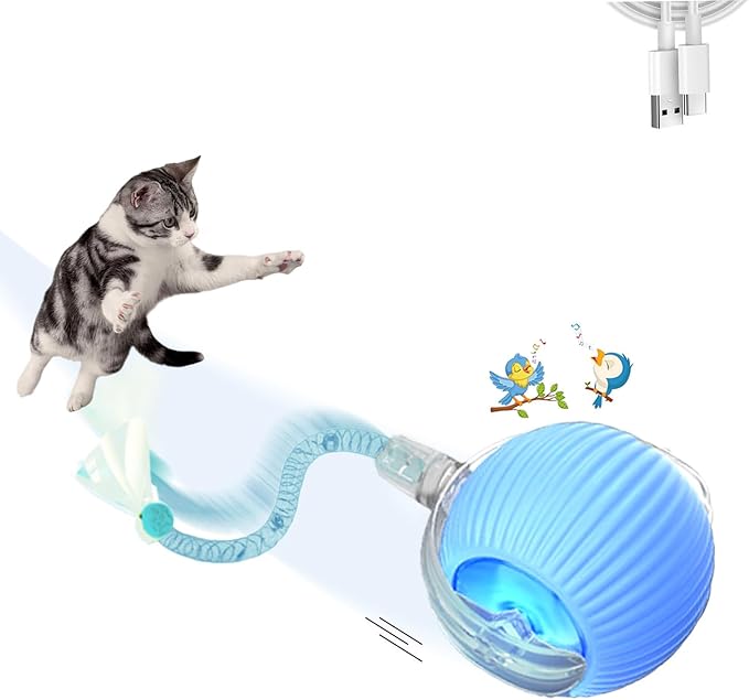 1PC Interactive Cat Toys for Indoor Cats,2025 New Generation Interactive Cat Ball Toy with Elastic Mesh Tail,Automatic Cat/Kitten Toys with Chirping & Motion Activate,Cat Toys for Bored Indoor,Blue