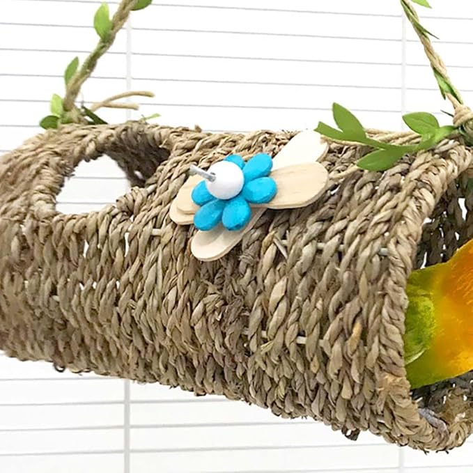 Seagrass Bird House Sea Grass Tent Parrot Tunnel with Holes and Lovely Flower Decor Natural Hanging Hammock Swing Nest Bird Snuggle Hut Toy for Hamster Lovebird Budgie Random Color