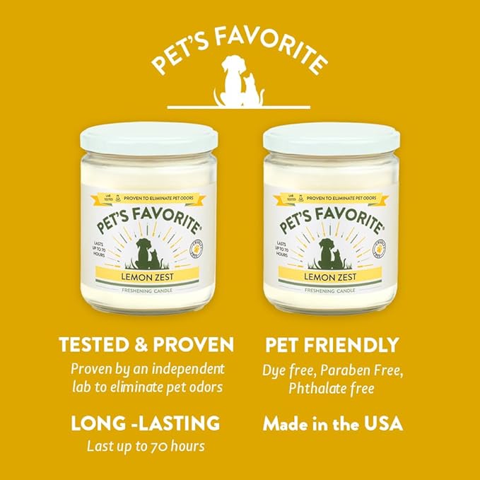 Pet's Favorite Pet Odor Candle, Clean Burning, Long Lasting Scented Candles with a Cotton Wick. (Lemon, Pack of 2)