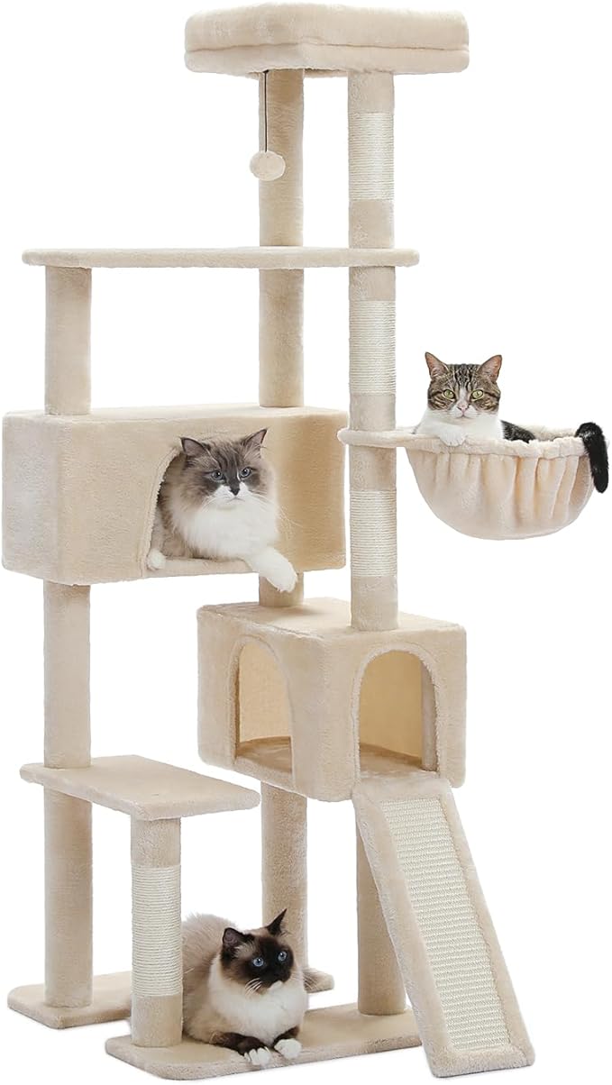 PAWZ Road Cat Tree, 60 Inches Cat Tower with Dual Condos, Spacious Perch, Cozy Basket and Sisal-Covered Scratching Posts for Indoor Cats- Beige