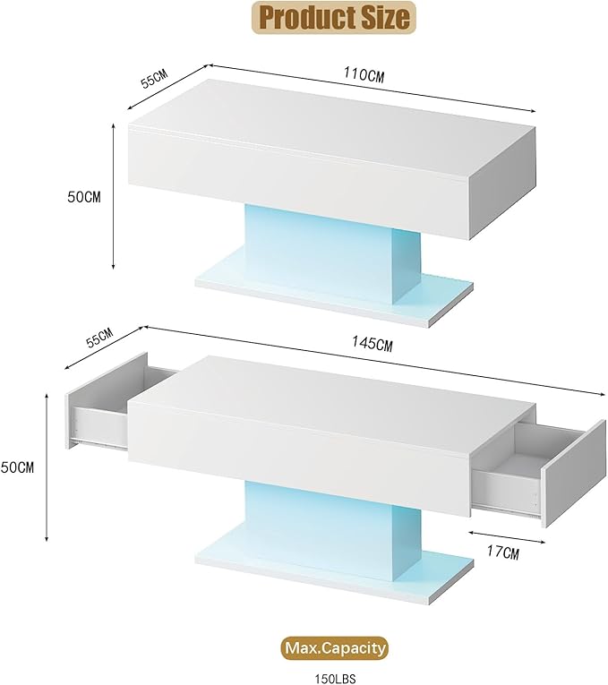 White Led Coffee Table with 2 Storage Drawers for Living Room, Living Room Table Rectangular Center Table, Modern High Glossy Wooden Coffee Tables with Lights for Dining Reception Room