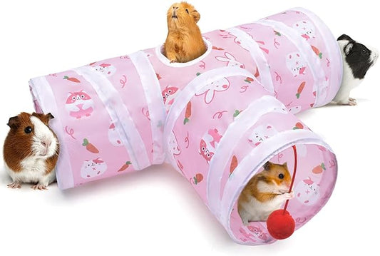 Bissap Guinea Pig Tunnel, Collapsible Hamster Tunnel and Tube 3 Ways Pet Hideout with 1 Play Ball for Indoor Guinea Pig Chinchilla Hamster Rat Small Animal Activity Fun Toys (Pink)