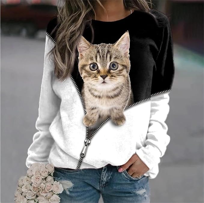 IVERIRMIN Women's 3D Cute Cat Print Sweatshirt Casual Long Sleeve Crewneck Cute Cat Pullover Loose Fit Shirts
