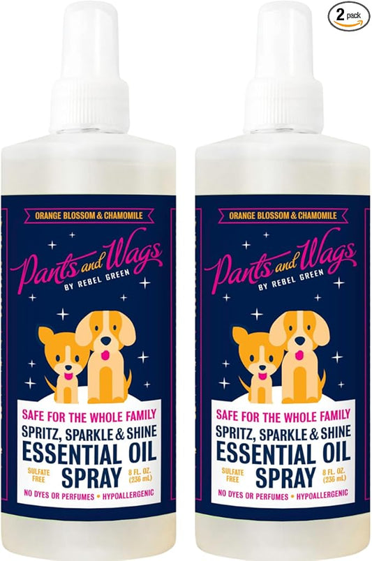 Rebel Green Pants and Wags Spritz, Sparkle & Shine Essential Oil Spray - Orange Blossom & Chamomile - Hypoallergenic - No Dyes or Perfumes - 8 oz - 2 Pack