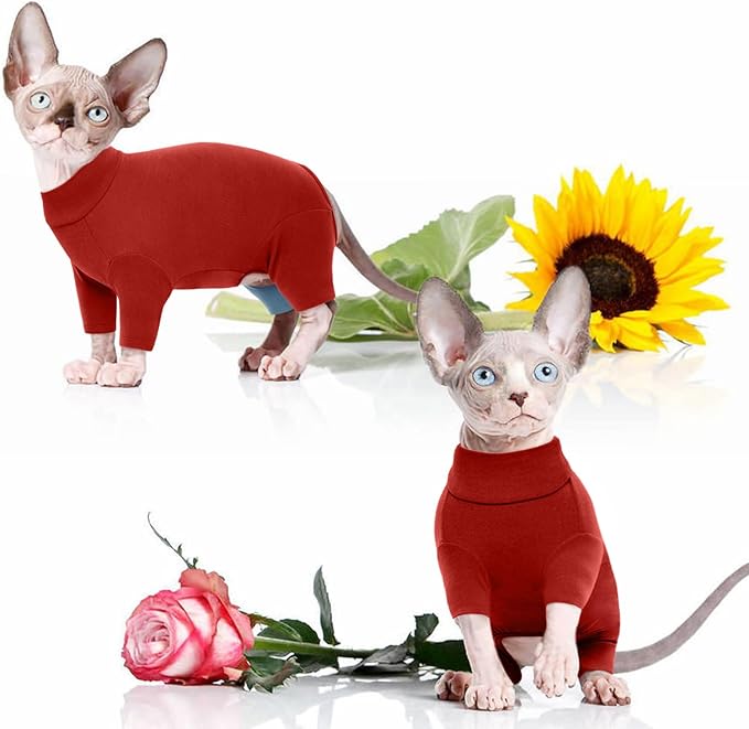 ROZKITCH Hairless Cat Clothes, Breathable Soft Cat Jumpers for Cats Only, Cat Coat with Four Legs, Warm Cat Sweater Cat T-Shirt Cat Pajamas Jumpsuit Vest Cornish Rex Devon Rex Peterbald Red L