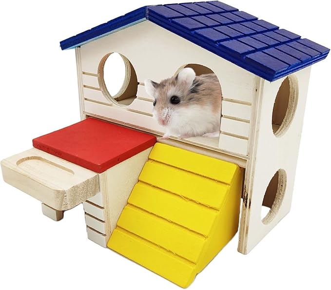 Hamiledyi Pet Small Animal Hideout Hamster House Deluxe Two Layers Wooden Hut Play Toys Chews