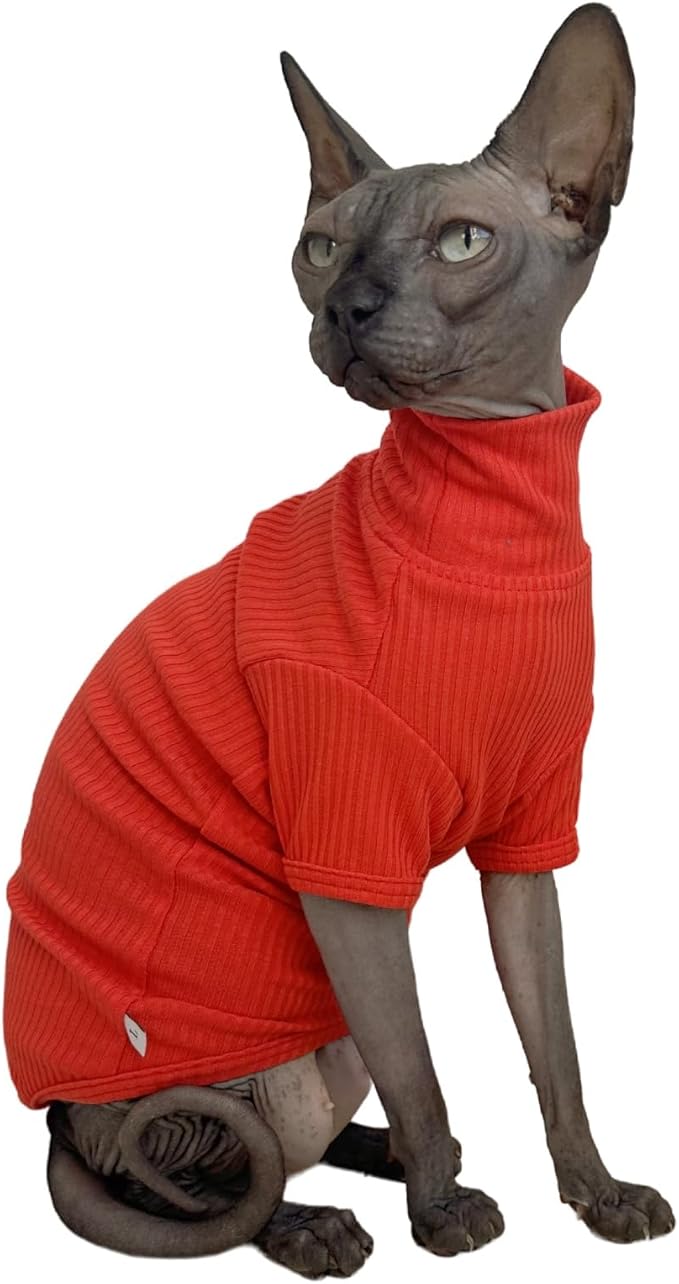 Sphynx Cats Shirt Cat Turtleneck Cotton Sweater Pullover Kitten T-Shirts with Sleeves Cat Pajamas Jumpsuit for Sphynx Cornish Rex, Devon Rex, Peterbald (Sunset, Small)