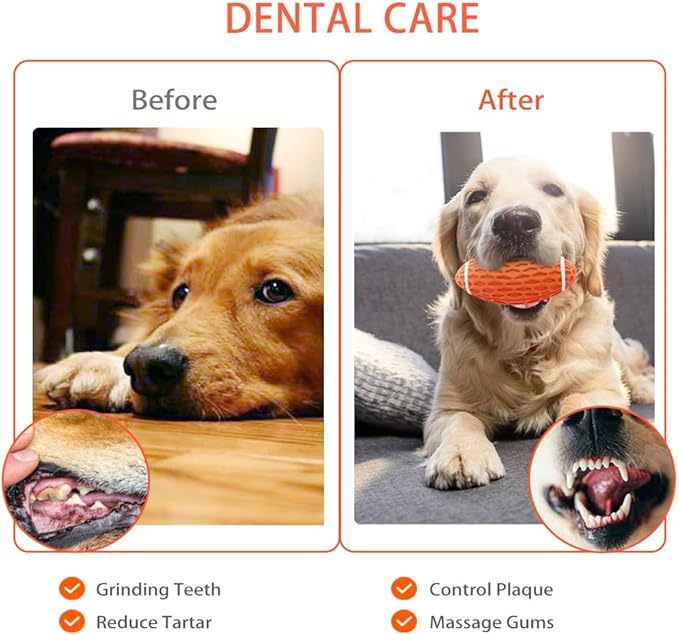 AUSCAT 2PCS Squeaky Dog Football Toy for Aggressive Chewers, Tough Rubber Dog Ball for Small Medium Dogs, Green and Orange, Small, 4.1"