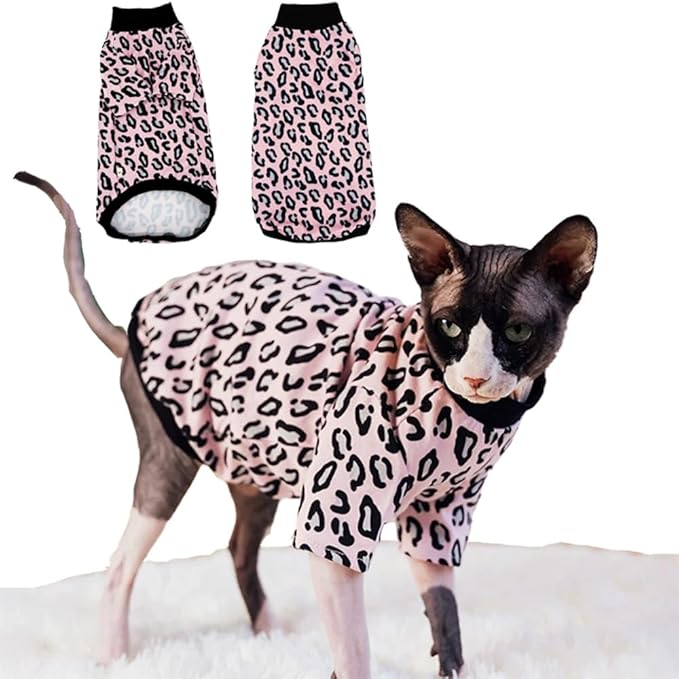 Sphynx Cat Clothes, Hairless Cat Shirt, Soft Stretchy Sweater for Cats, Breathable Cat Daily Outfit, Cat Pullover for Cornish Rex, Devon Rex (Pink Leopard Pattern, XL (6.5-8.5lbs))