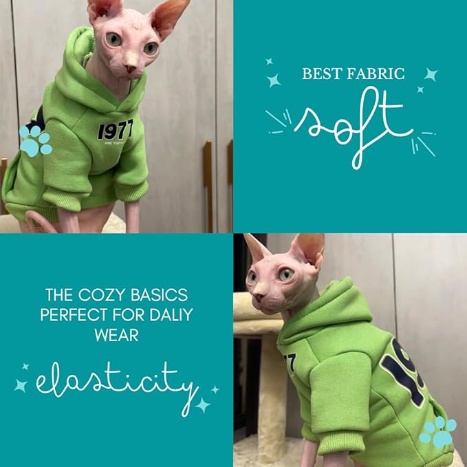 Sphynx Cat Hoodie Sweater, Thick Warm Stratch Soft Cat Hoodie Jacket,Two Legged Warm Fleece Hoodie for cat,Autumn Winter Clothes for Kitten Small Dogs (Bright Green, XXXL(11-14lbs))