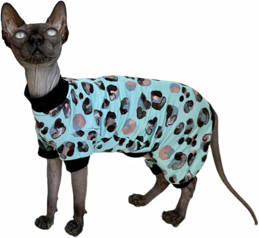 Sphynx Cat Four Leg Cotton Pajamas Elastic Pet Clothes for Hairless Cats Surgery Recovery Suit Undershirt Thermal Clothes for Sphynx, Devon, Cornish (Mint Leopard, S)