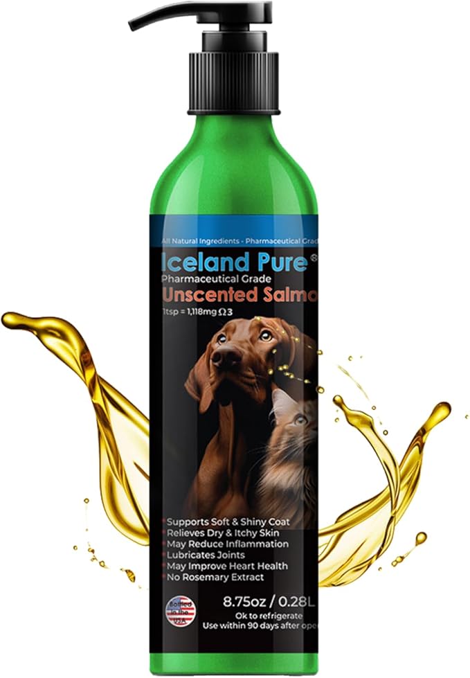 Salmon Oil | Unscented Pharmaceutical Grade | 1118mg of Omega-3 per teaspoon | Liquid Food Supplement For Dogs and Cats | BPA-Free Brushed Aluminum Epoxy coated Bottle with Pump 8.75oz