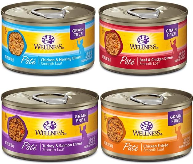 Wellness Natural Premium Canned Cat Wet Food Pate - 12 Pack Cans Variety Bundle Pack 4 Flavor - (Chicken,Beef, Salmon & Turkey) W/ HS Pet Food Bowl - (3 Ounce)