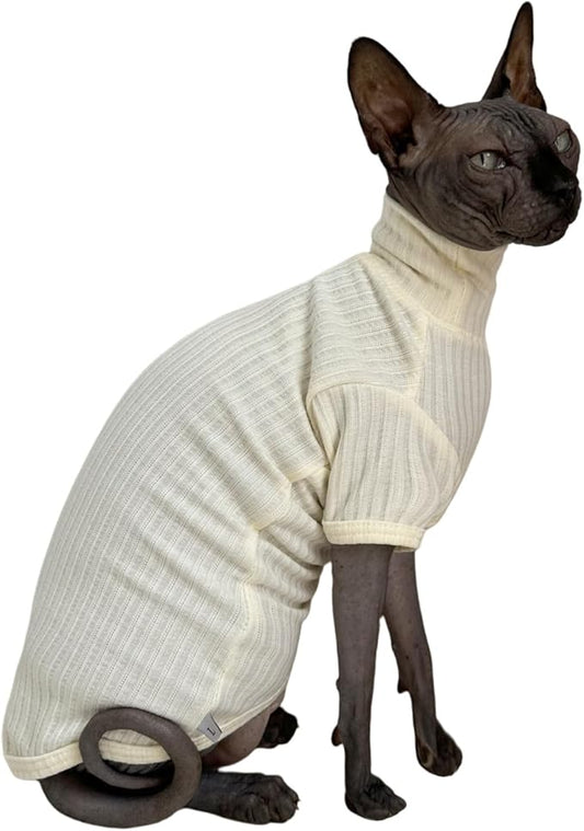 Sphynx Cats Shirt Cat Turtleneck Cotton Sweater Pullover Kitten T-Shirts with Sleeves Cat Pajamas Jumpsuit for Sphynx Cornish Rex, Devon Rex, Peterbald (White, Large (Pack of 1))